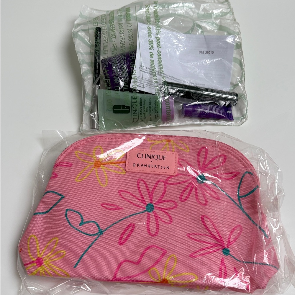 Clinique Pink Floral Makeup Bag and Six Products